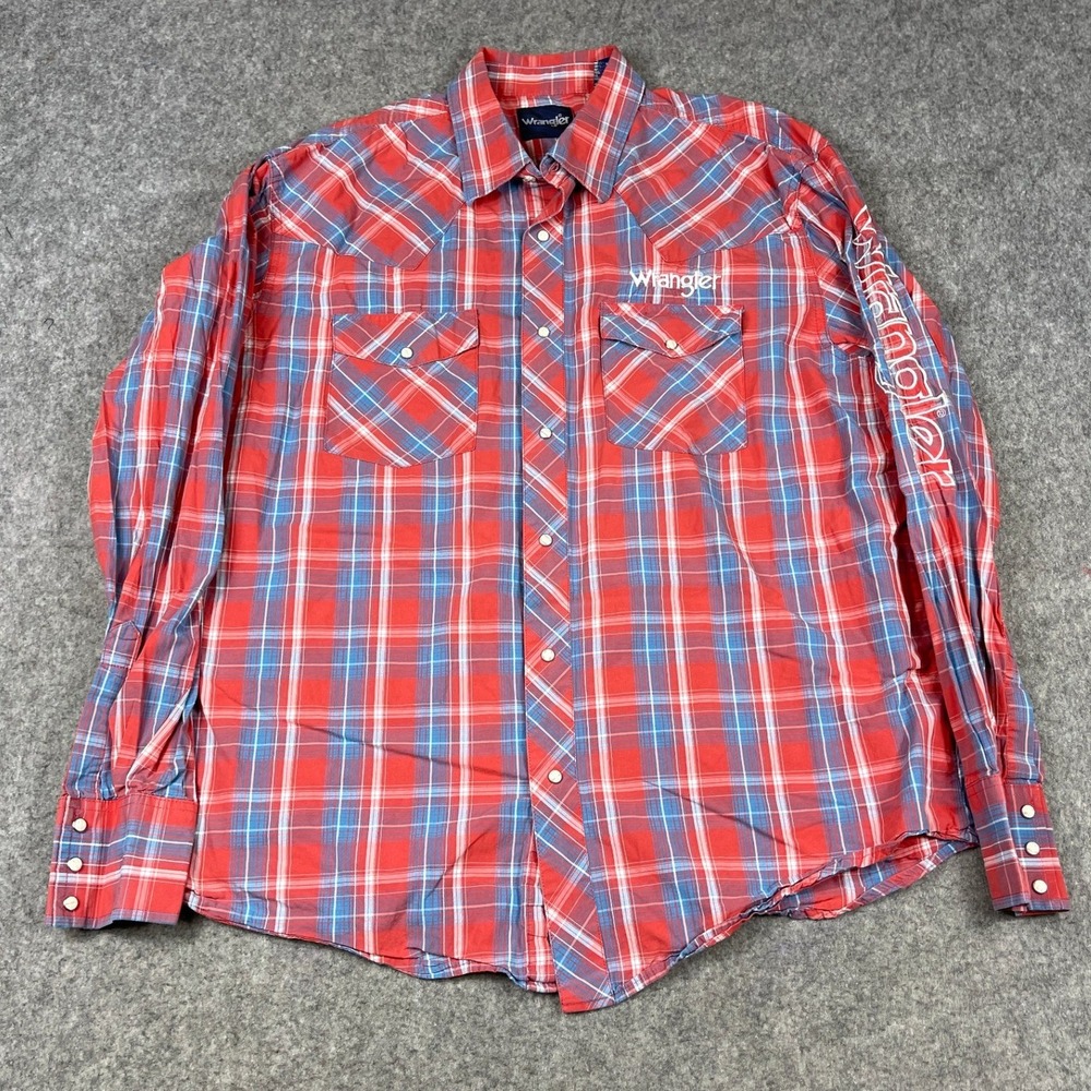 Wrangler Western Shirt Mens XL Red Plaid Pearl Snap Embroidered Sleeve Back